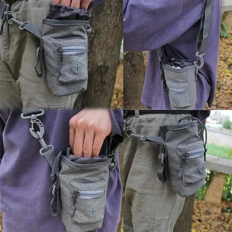 Hands-free dog treat pouch with adjustable strap and poop bag dispenser for pet training and outdoor use.