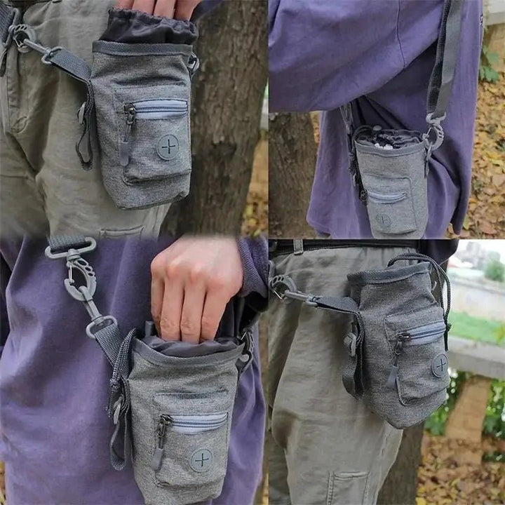 Hands-free dog treat pouch with adjustable strap and poop bag dispenser for pet training and outdoor use.