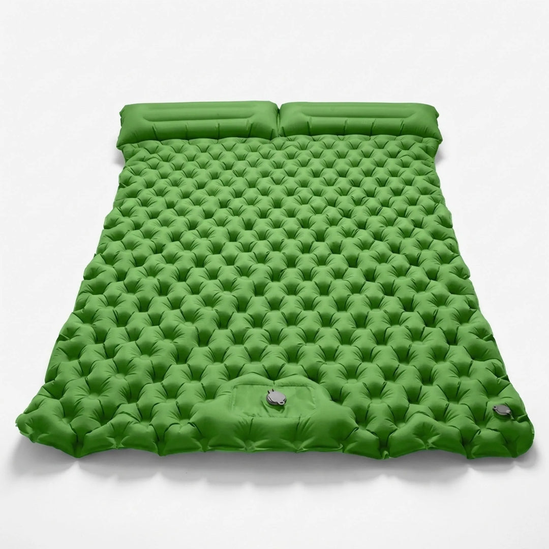 Two-person inflatable camping mattress for outdoor sleeping, providing superior comfort for couples.