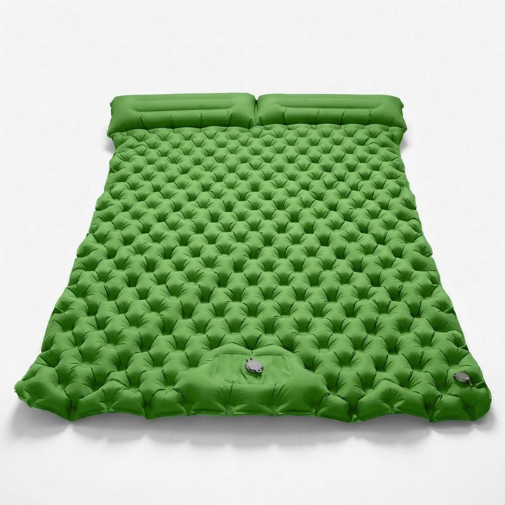 Two-person inflatable camping mattress for outdoor sleeping, providing superior comfort for couples.