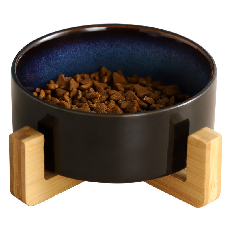 Cat bowl set, double ceramic with 'starry sky' design, elevated on a sleek wooden frame, easy clean.