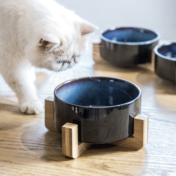 Unisex pet feeding station, two ceramic bowls in natural wood stand, perfect for dogs & cats.
