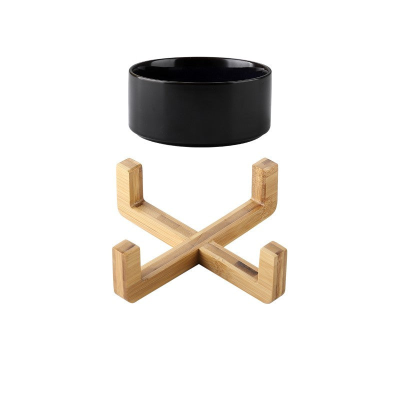Ceramic double pet bowl with an elevated bamboo stand, featuring a unique starry sky pattern.