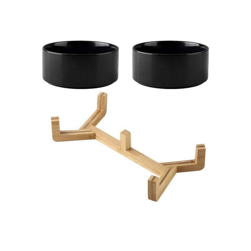Easy clean pet feeder, elevated double ceramic bowls on a sturdy wooden base, 'starry sky' design.