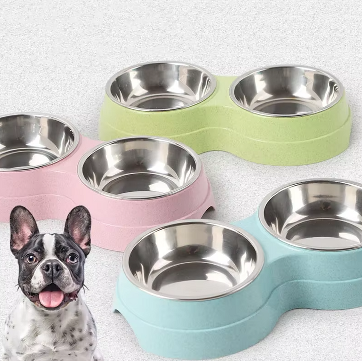 Unisex double pet bowl set, non-slip stainless steel for dogs, pet feeding station