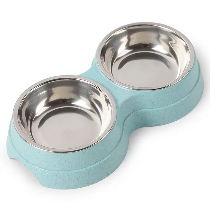Non-slip pet feeding station with two durable stainless steel dog bowls