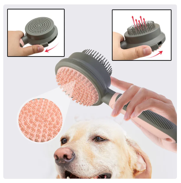 Close-up of a double-sided cat brush with soft bristles and metal pins, ideal for pet grooming