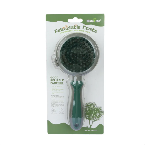 Ergonomic pet grooming brush designed for unisex use on cats, featuring two sides for shedding and detangling