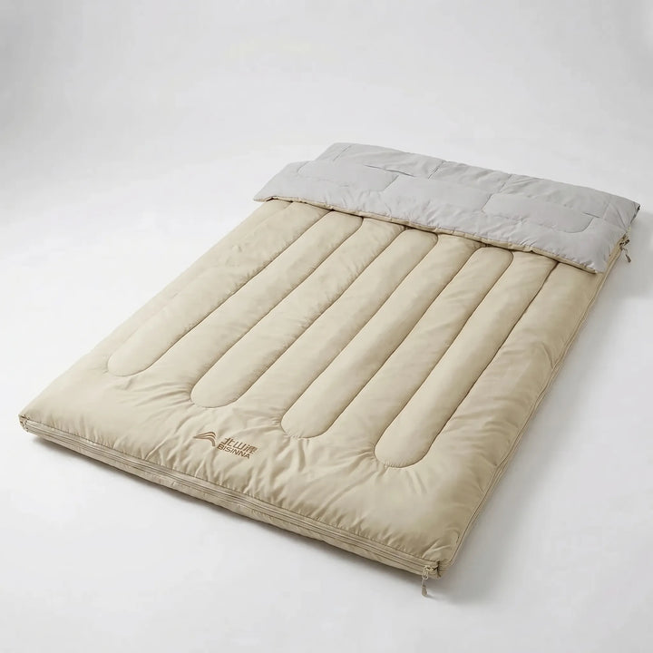 Versatile unisex double sleeping bag, detachable for single use. Warm & comfortable outdoor gear for camping & hiking.