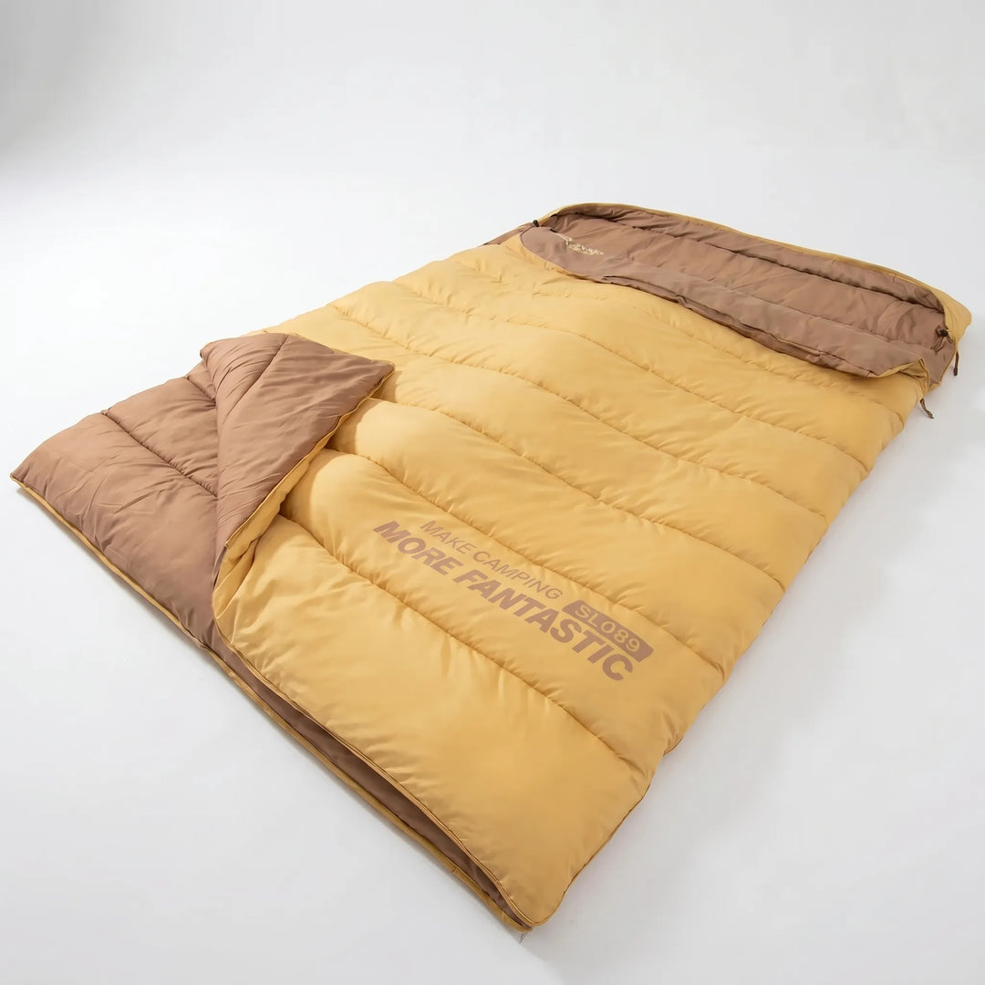Cozy unisex double sleeping bag for couples camping & hiking. Warm, spacious shared adventure gear.