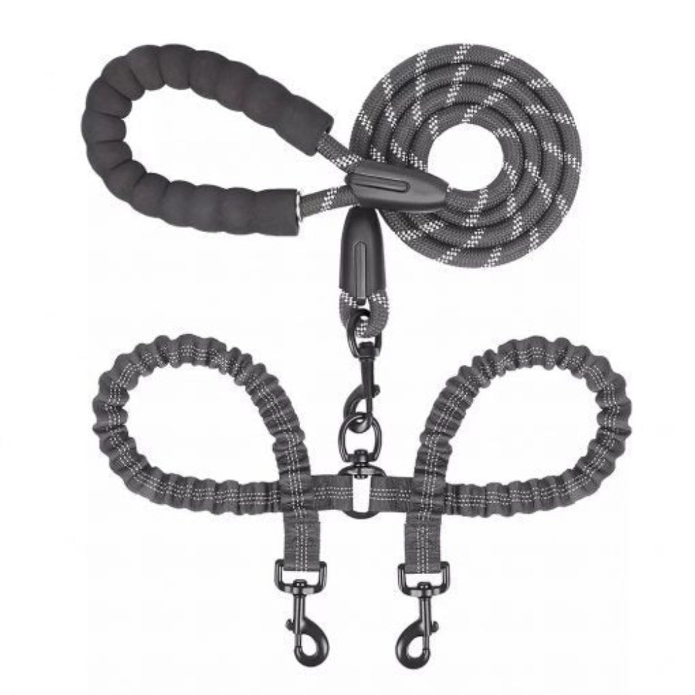 Tangle-free dual dog leash with swivel attachment for comfortable pet walking, durable nylon.
