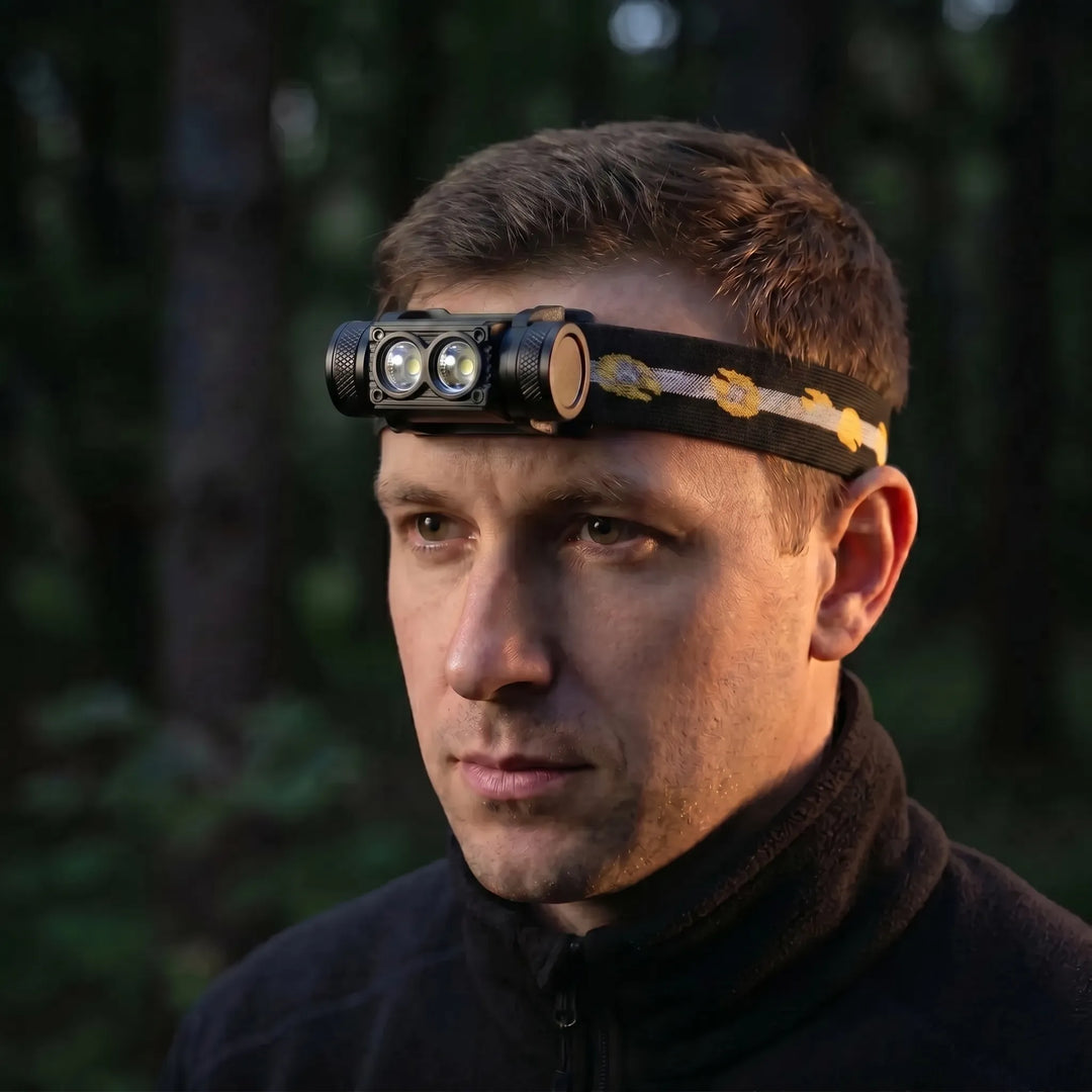 Unisex Dual-LED rechargeable headlamp for camping & hiking. Hands-free LED light for outdoor adventures & trails.
