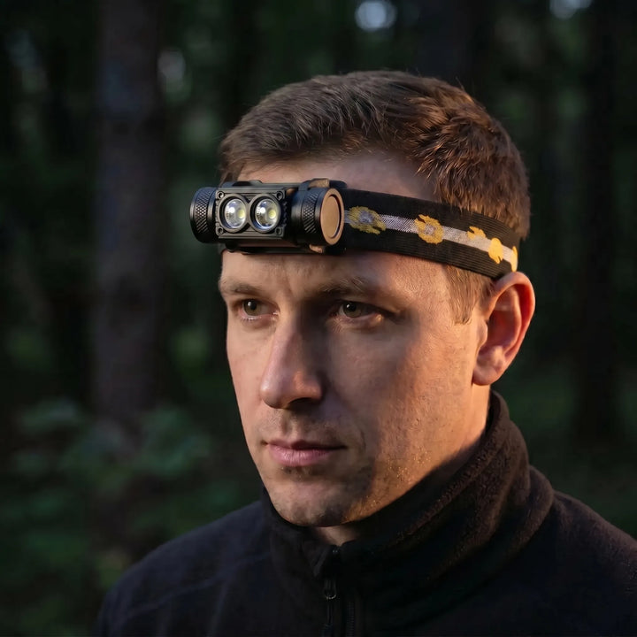 Unisex Dual-LED rechargeable headlamp for camping & hiking. Hands-free LED light for outdoor adventures & trails.