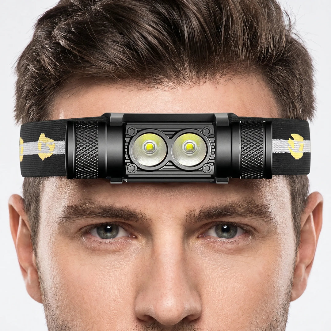 Rechargeable dual-LED headlamp on a person's head for night hiking. Bright LED light for outdoor exploration.