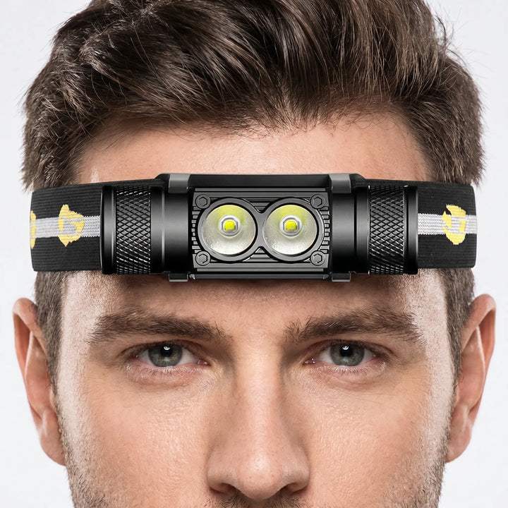 Rechargeable dual-LED headlamp on a person's head for night hiking. Bright LED light for outdoor exploration.