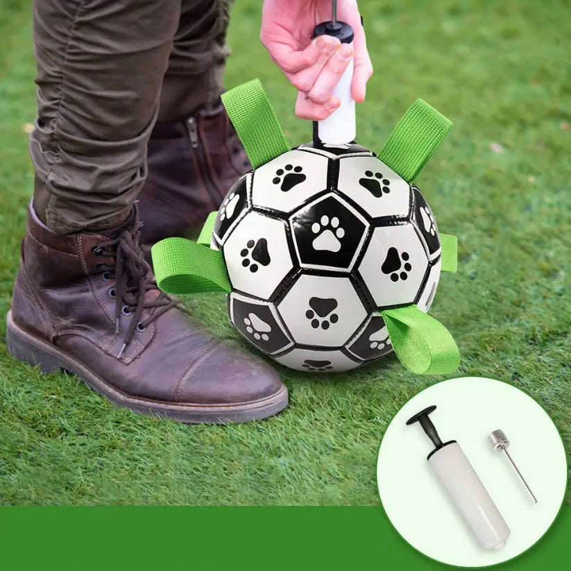 Durable interactive floating dog soccer ball with sturdy straps, ideal pet toy for all-weather play