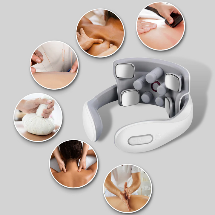 Rechargeable neck massager with heat and 6 modes for targeted pain relief and deep muscle relaxation.