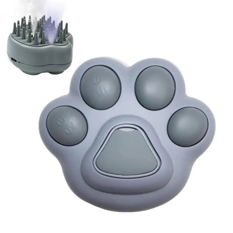 Spray grooming brush components: main unit, charging cable, and cleaning brush for pet care