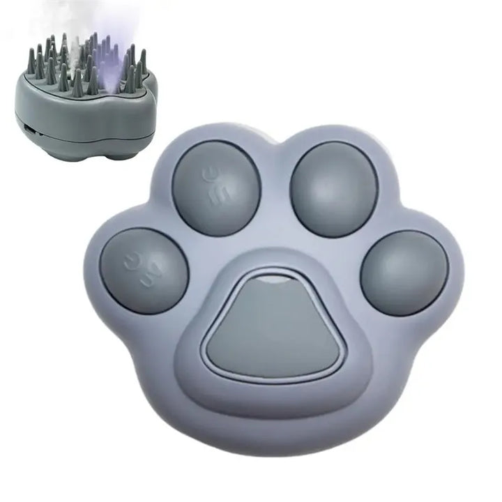 Spray grooming brush components: main unit, charging cable, and cleaning brush for pet care