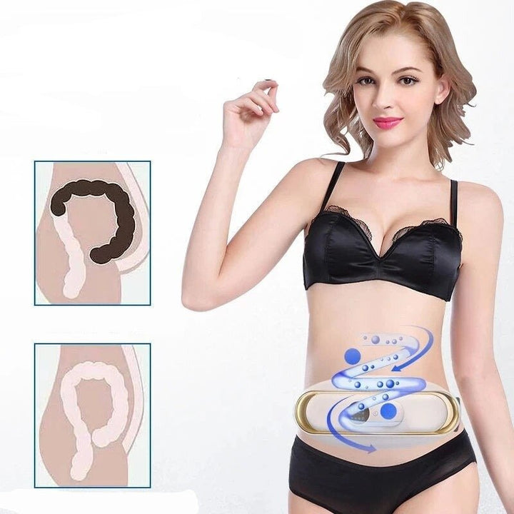 Person using an electric slimming belt for vibration therapy, home workout & fitness.