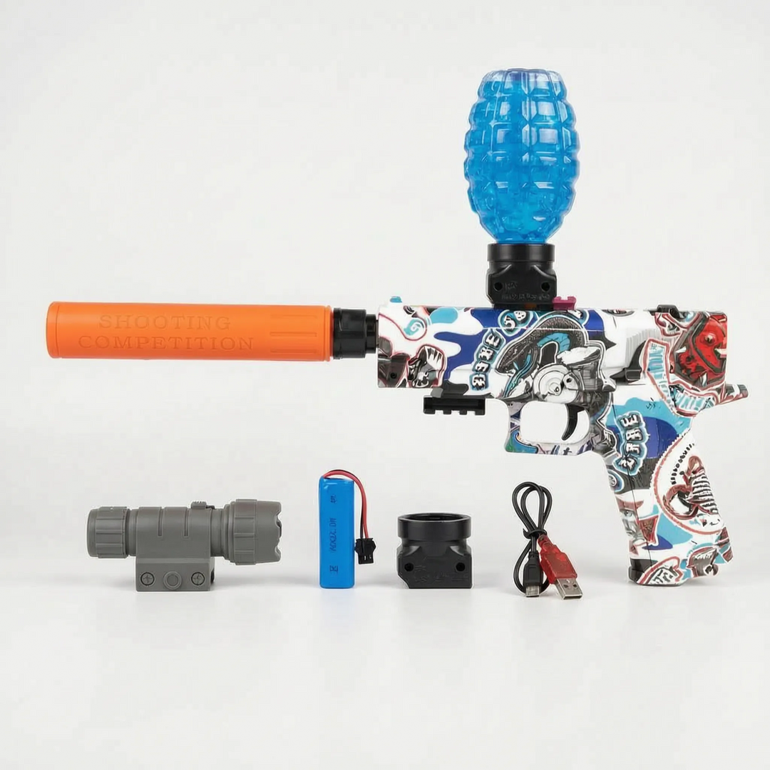 Group of kids happily playing with electric water blasters, having a blast with summer outdoor water gun fun.
