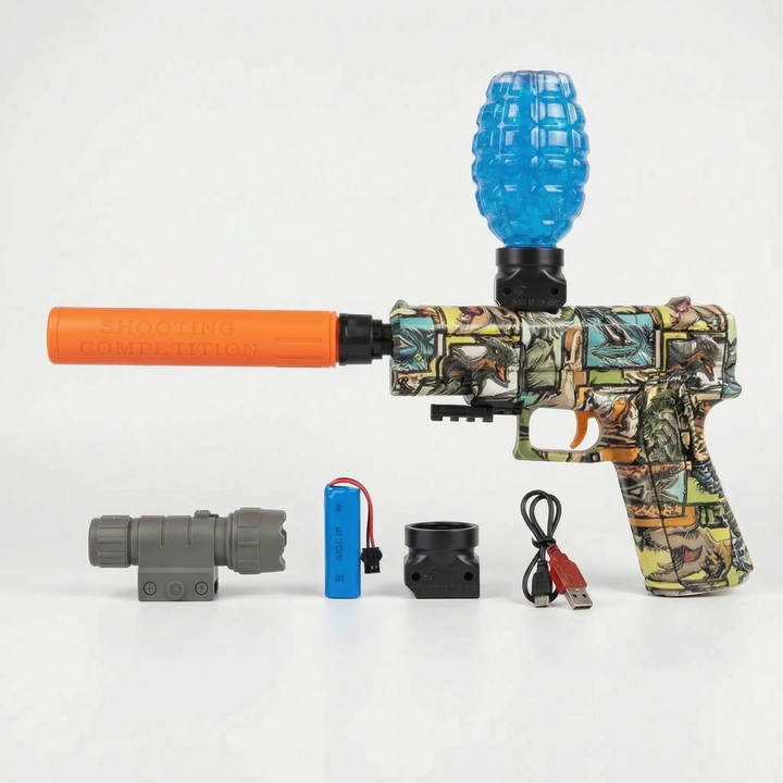 Durable electric water blaster, ergonomic design for kids' summer outdoor water play. Rechargeable water gun fun.