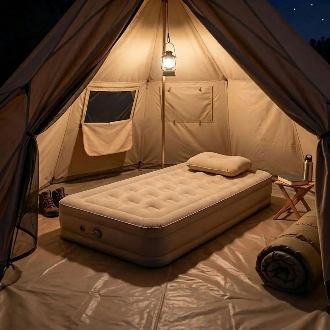 Unisex elevated portable air mattress for camping & travel, comfortable outdoor inflatable bed.