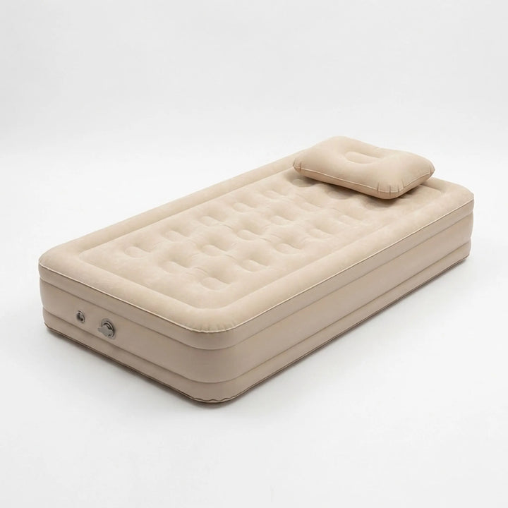 Single elevated camping air mattress with built-in pump, perfect for outdoor recreation & guest use.