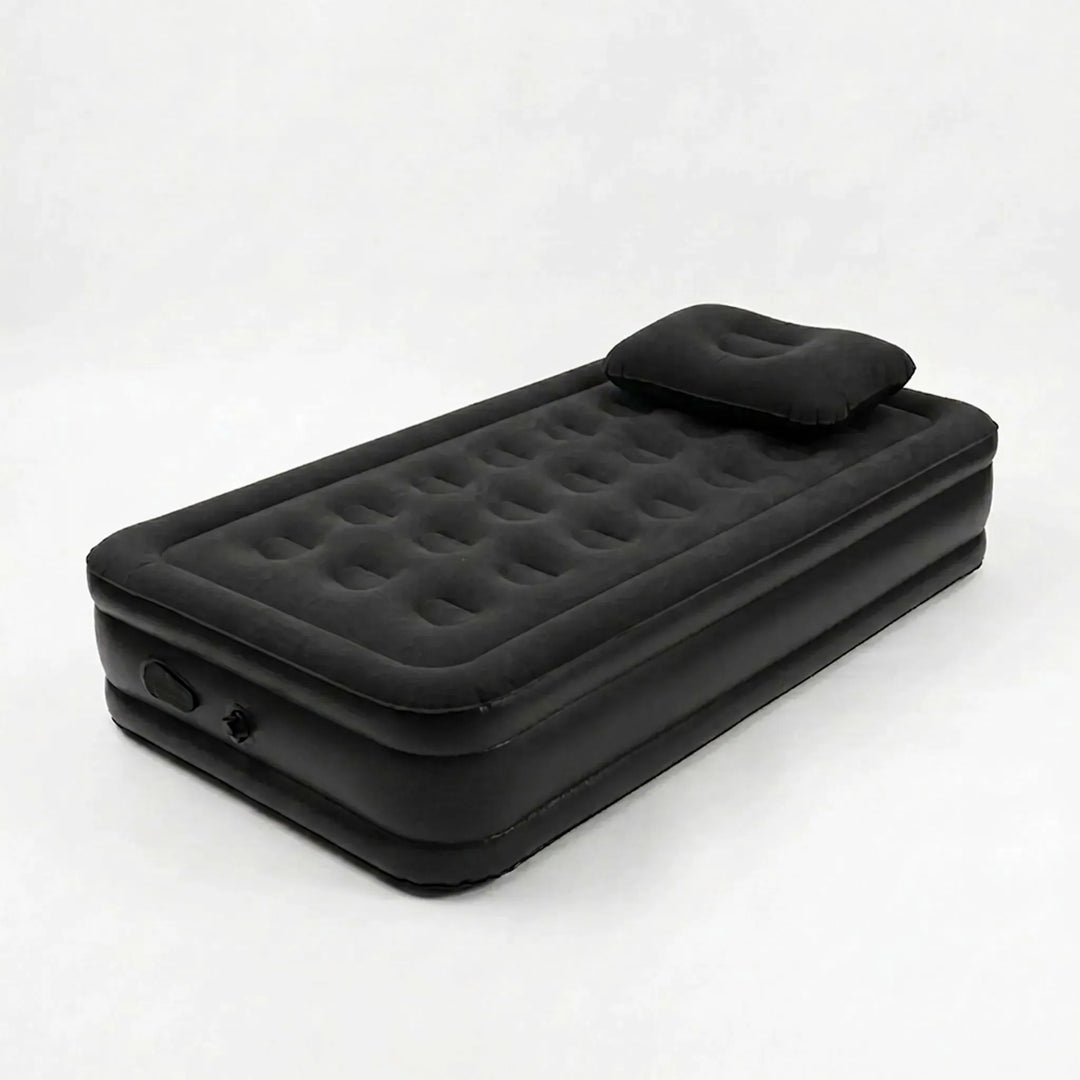 Lightweight portable air bed for travel & camping, providing elevated sleeping comfort outdoors.