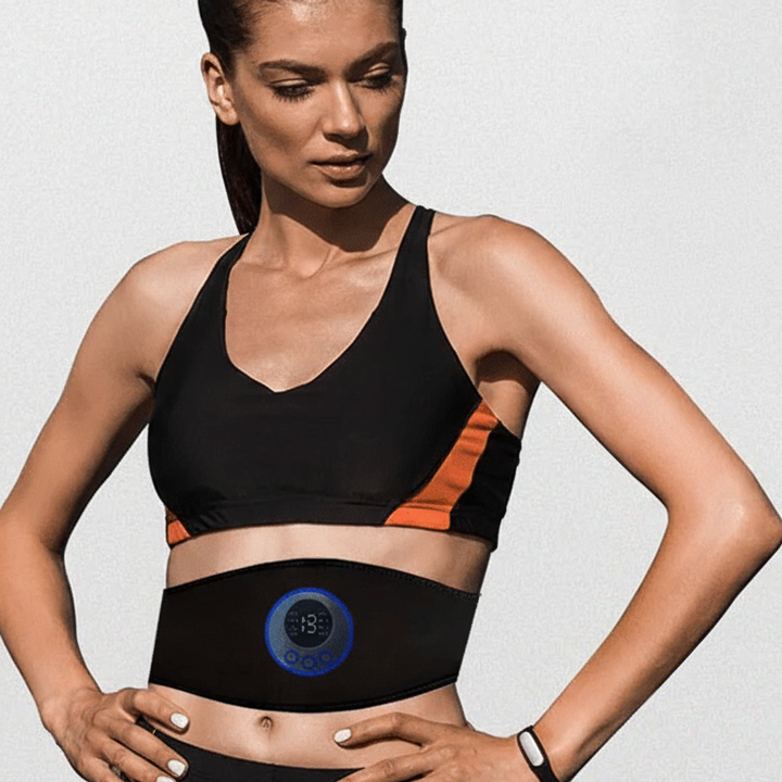 Portable electric EMS muscle stimulator for abs, ideal for a convenient home gym core workout & body toning.