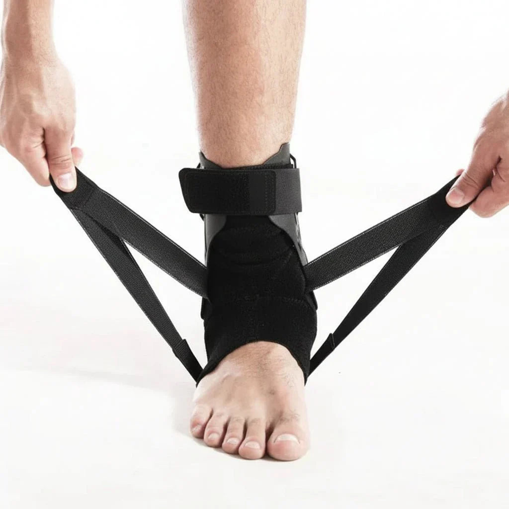 Front view of a unisex ergonomic ankle support, highlighting its double stabilizer design for joint care.