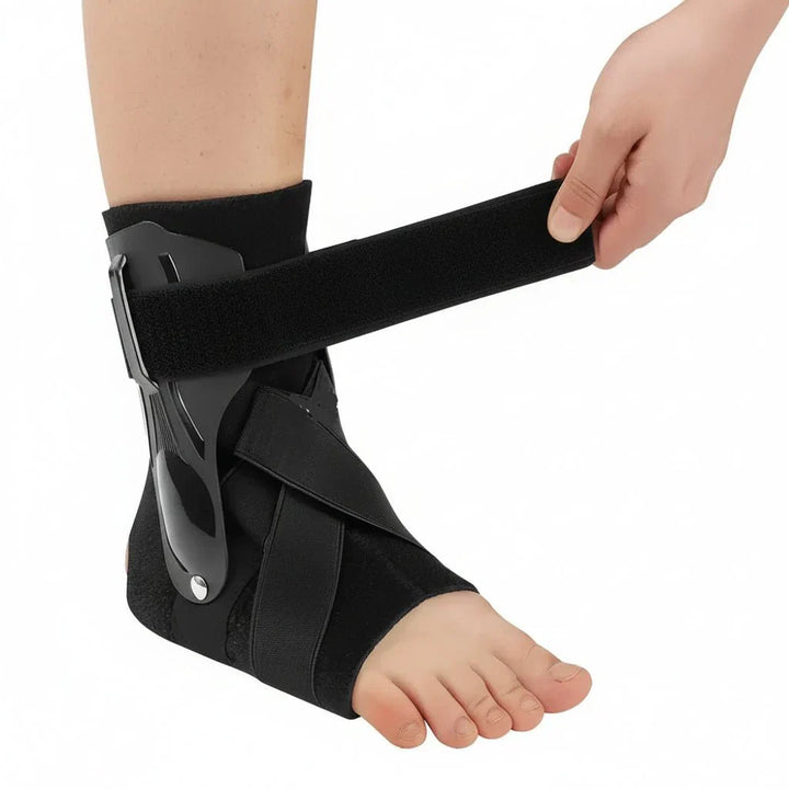 Side view of ergonomic ankle support, showcasing dual stabilizing straps for ultimate joint protection.
