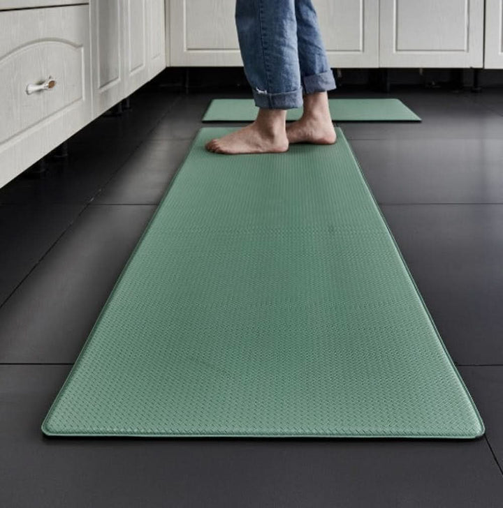 Durable, easy-clean, non-slip kitchen mat; ergonomic design provides anti-fatigue comfort for standing.