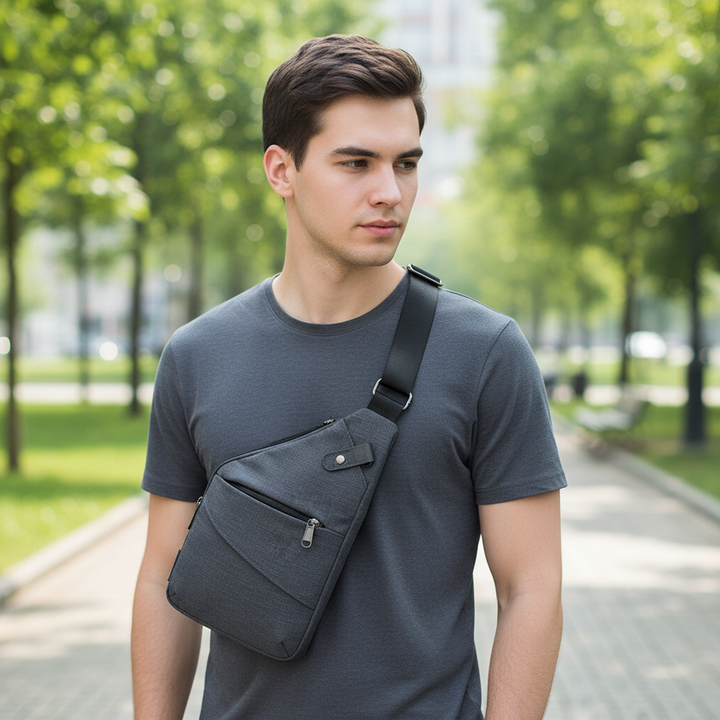 Secure SafePack ergonomic sling bag for travel, featuring anti-theft design and comfort.