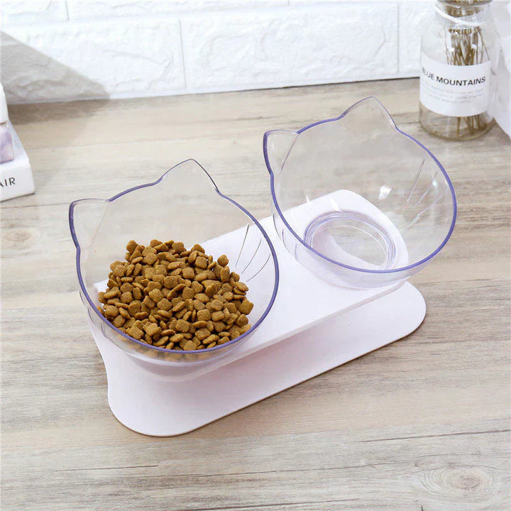 Close-up of a double elevated pet feeder, showing durable, rust-resistant stainless steel dog bowls
