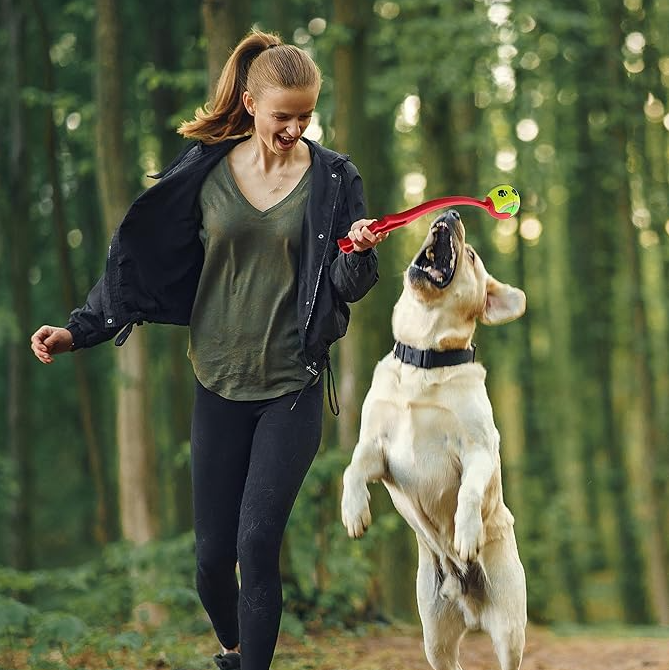 Dog ball thrower featuring ergonomic grip, ideal for long-distance canine training and outdoor fun.