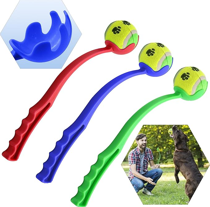 Outdoor play dog toy: ergonomic ball thrower designed for powerful, long-distance throws.