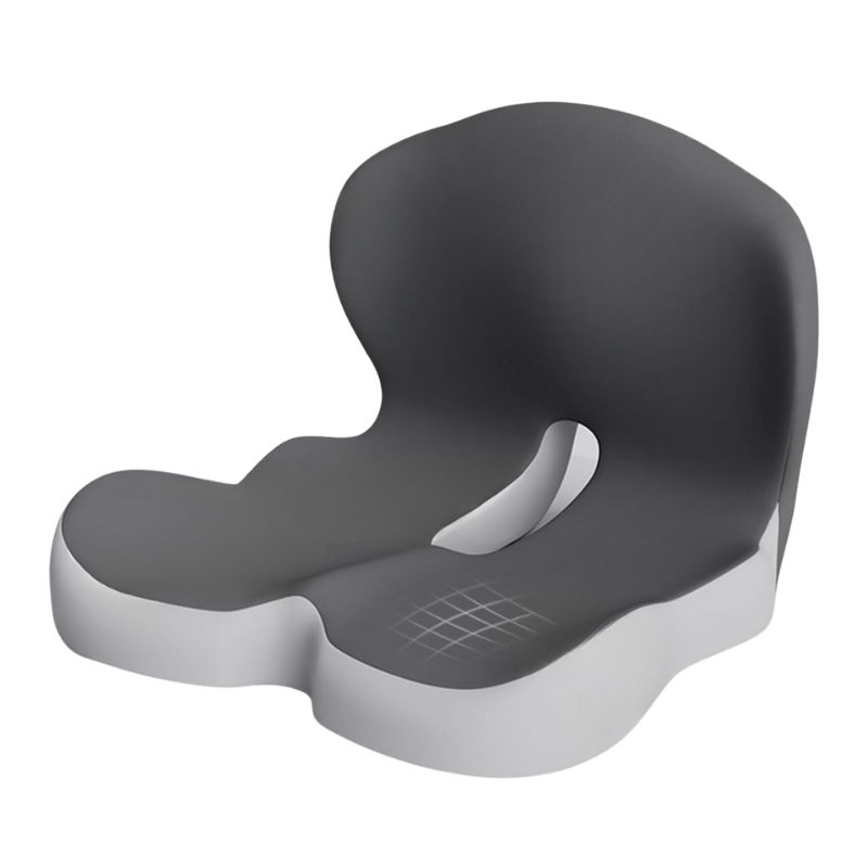 Posture-correcting memory foam seat cushion to reduce fatigue during extended sitting.