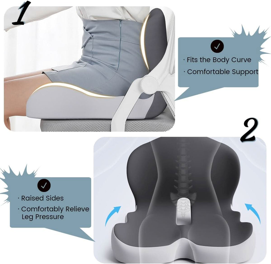 Portable memory foam seat cushion designed for excellent back support in cars, planes, or trains.