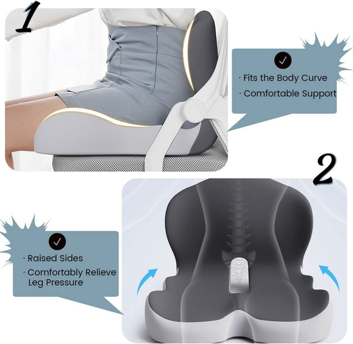 Portable memory foam seat cushion designed for excellent back support in cars, planes, or trains.