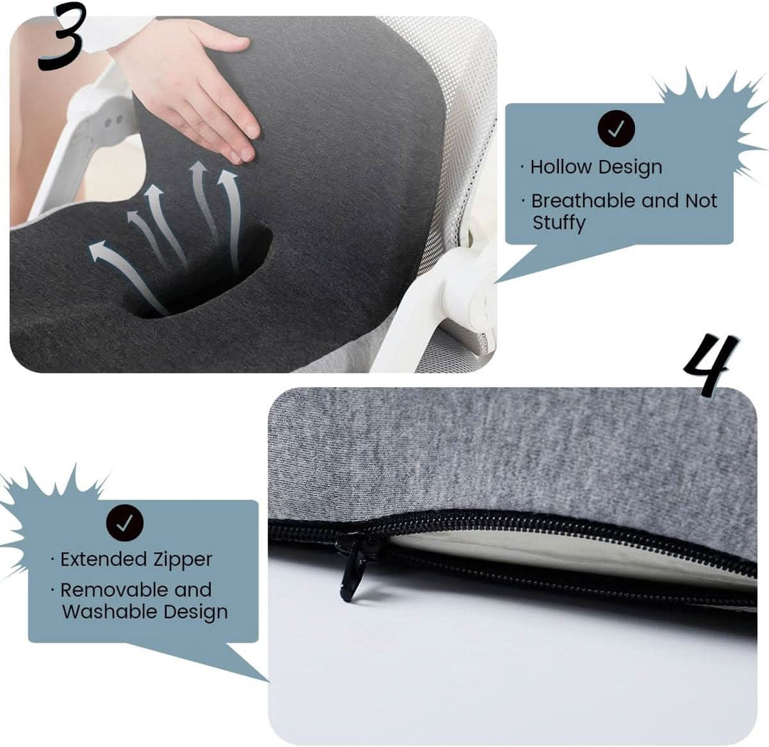 Breathable unisex seat cushion with contour design for improved posture and spinal alignment.