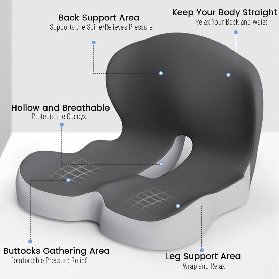 High-density memory foam seat cushion for pressure relief, comfort, and sciatica pain reduction.