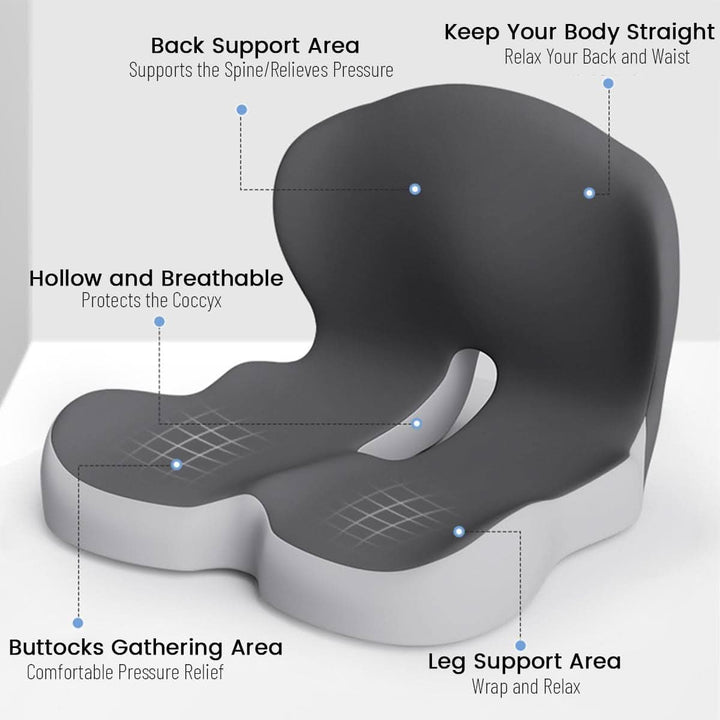 High-density memory foam seat cushion for pressure relief, comfort, and sciatica pain reduction.