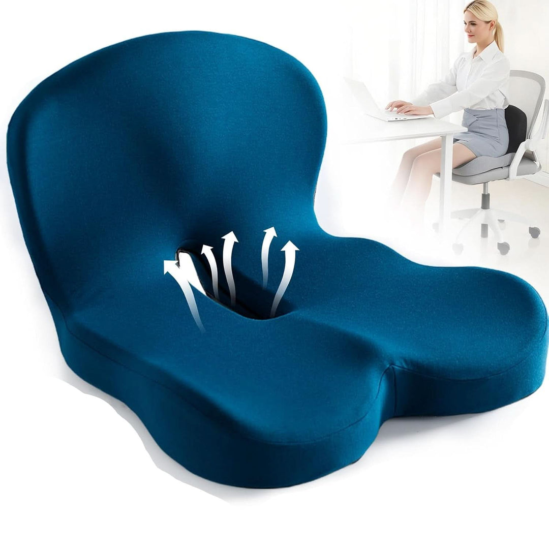 Soft, durable memory foam seat cushion for daily comfort and effective back pain prevention.