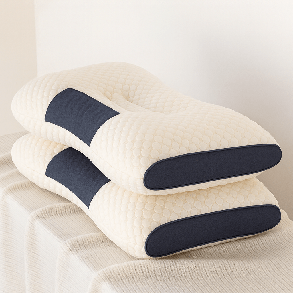 Health-focused orthopedic pillow with memory foam for ergonomic neck and back support, a key bedding sleep aid.