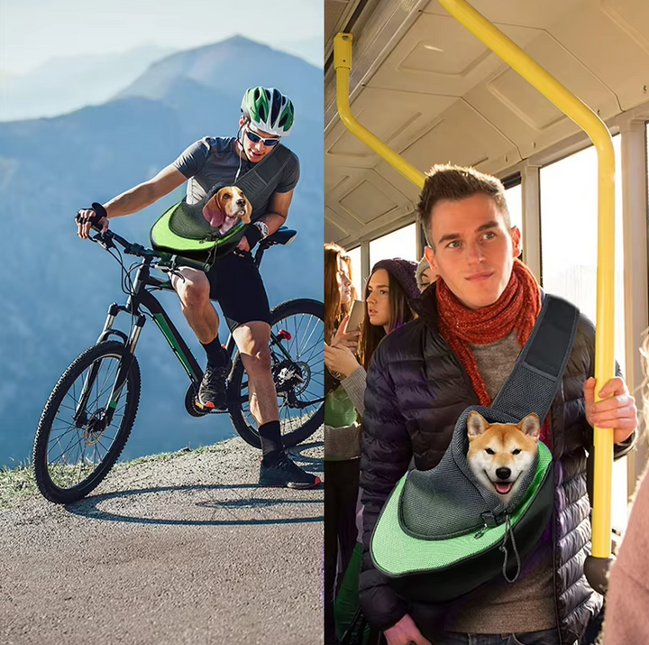 Small dog or cat in a cozy, ergonomic pet sling carrier, perfect for hands-free travel