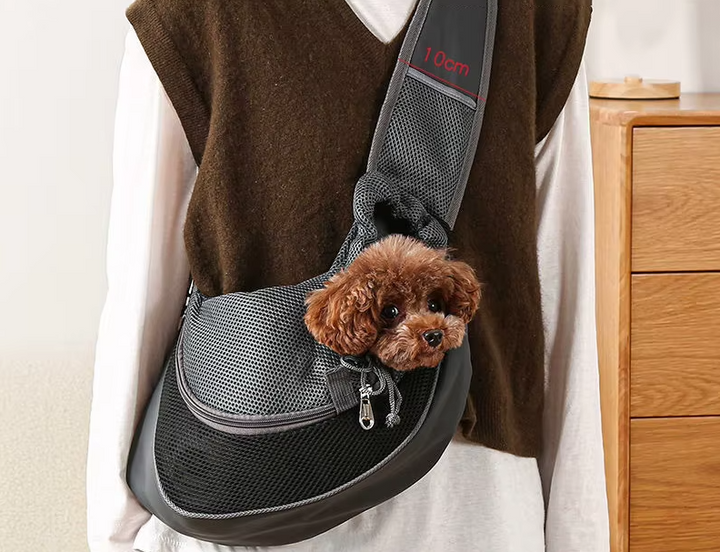 Front view of a breathable pet sling carrier for small dogs & cats, unisex design