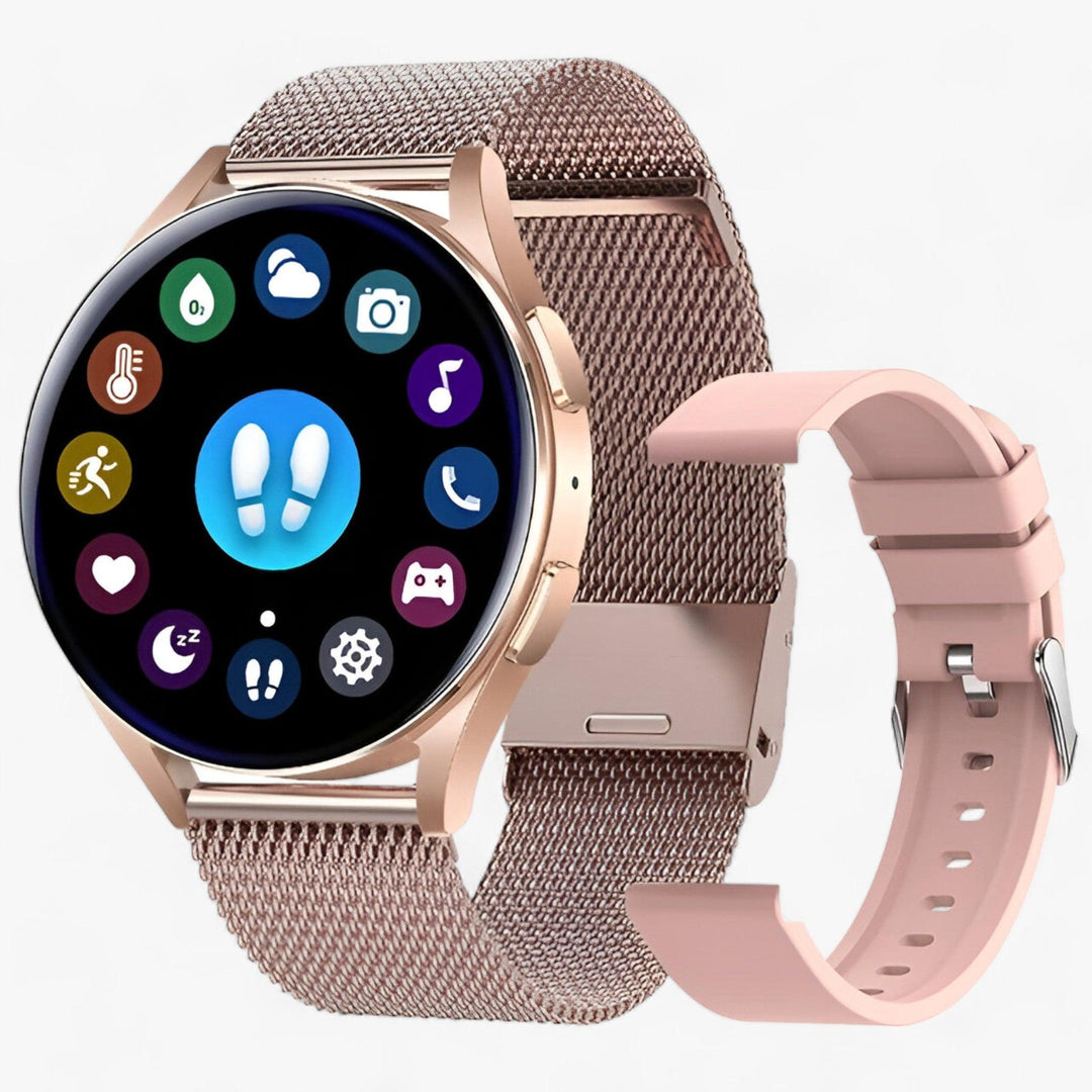 Unisex Evelyne smartwatch on wrist, displaying daily activity and fitness stats. A versatile smart accessory.