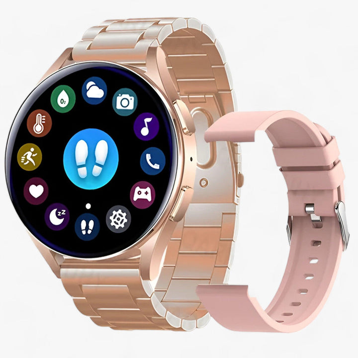 Black Evelyne smartwatch, enabling hands-free Bluetooth calls & detailed health tracking for active users.