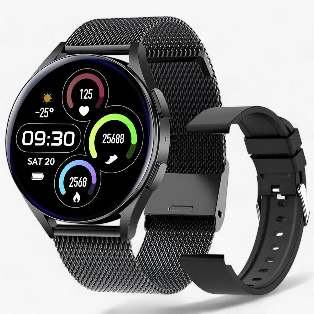 Unisex black Evelyne smartwatch, precisely measuring blood oxygen, heart rate, and steps. Your fitness companion.